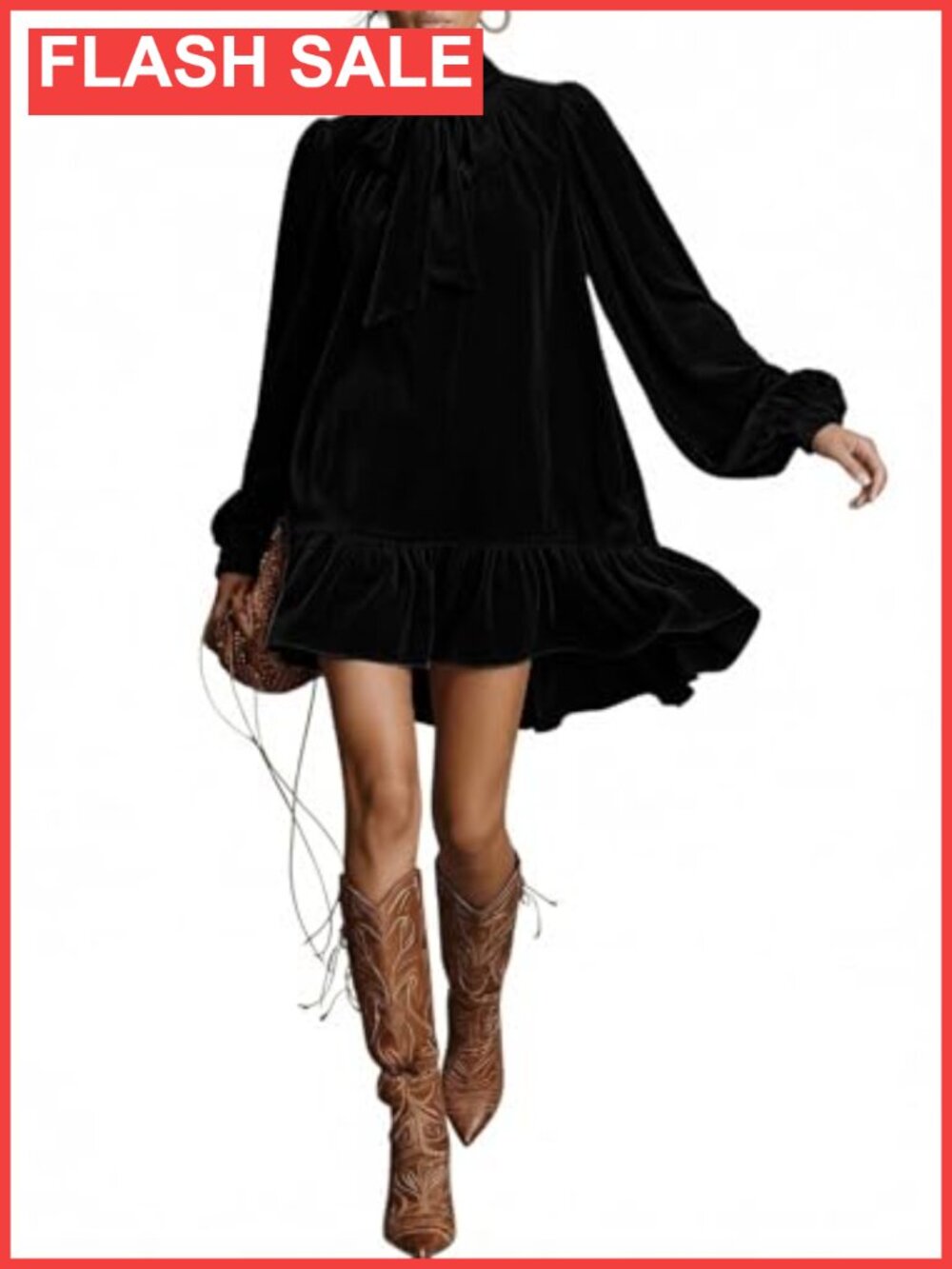 Velvet Mini Dress Lantern Sleeve Tie Neck Fall Party